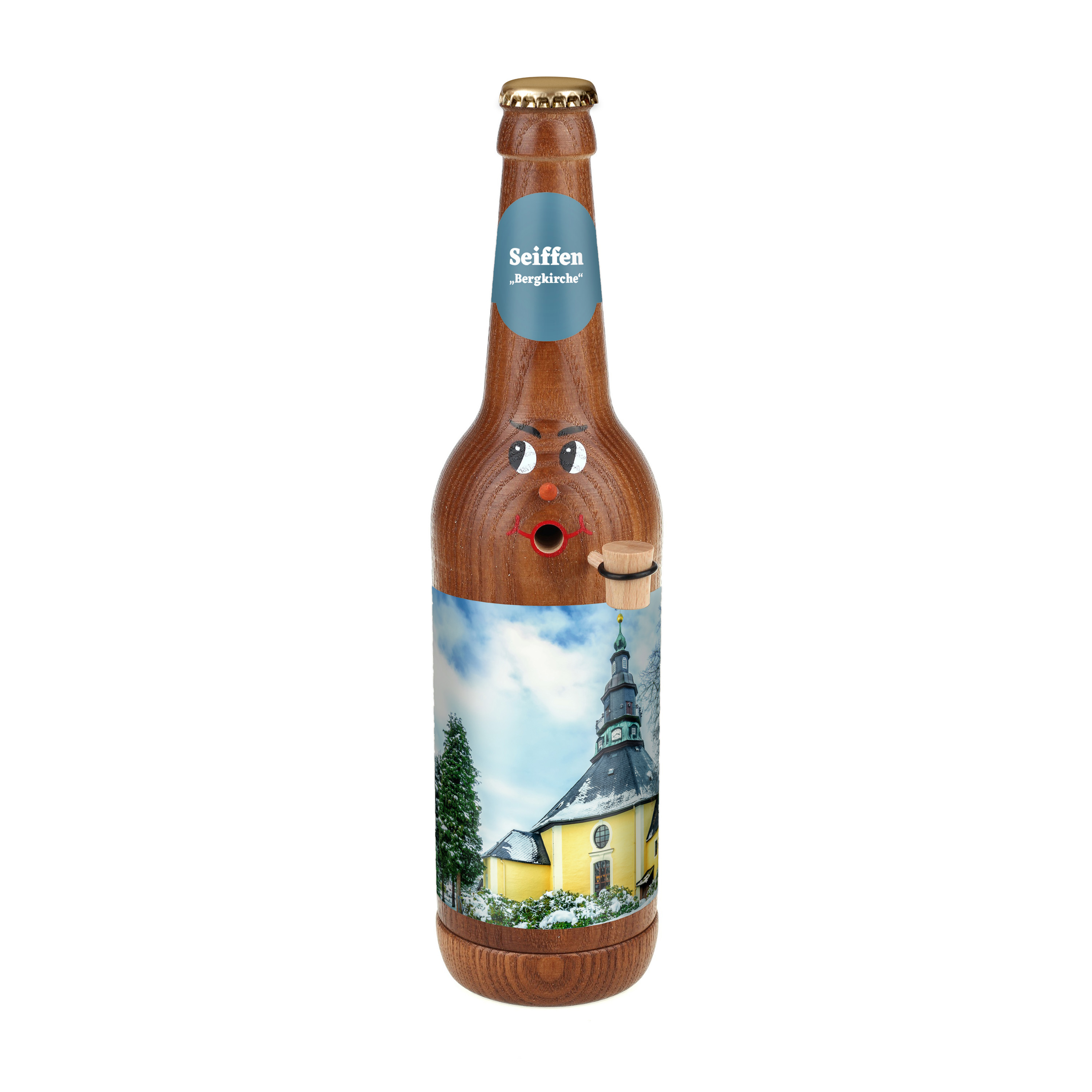 Räucherflasche Räucherfigur Rauchfigur Räuchermännchen Bier Longneck 0,5 braun - "Seiffen Bergkirche" 
