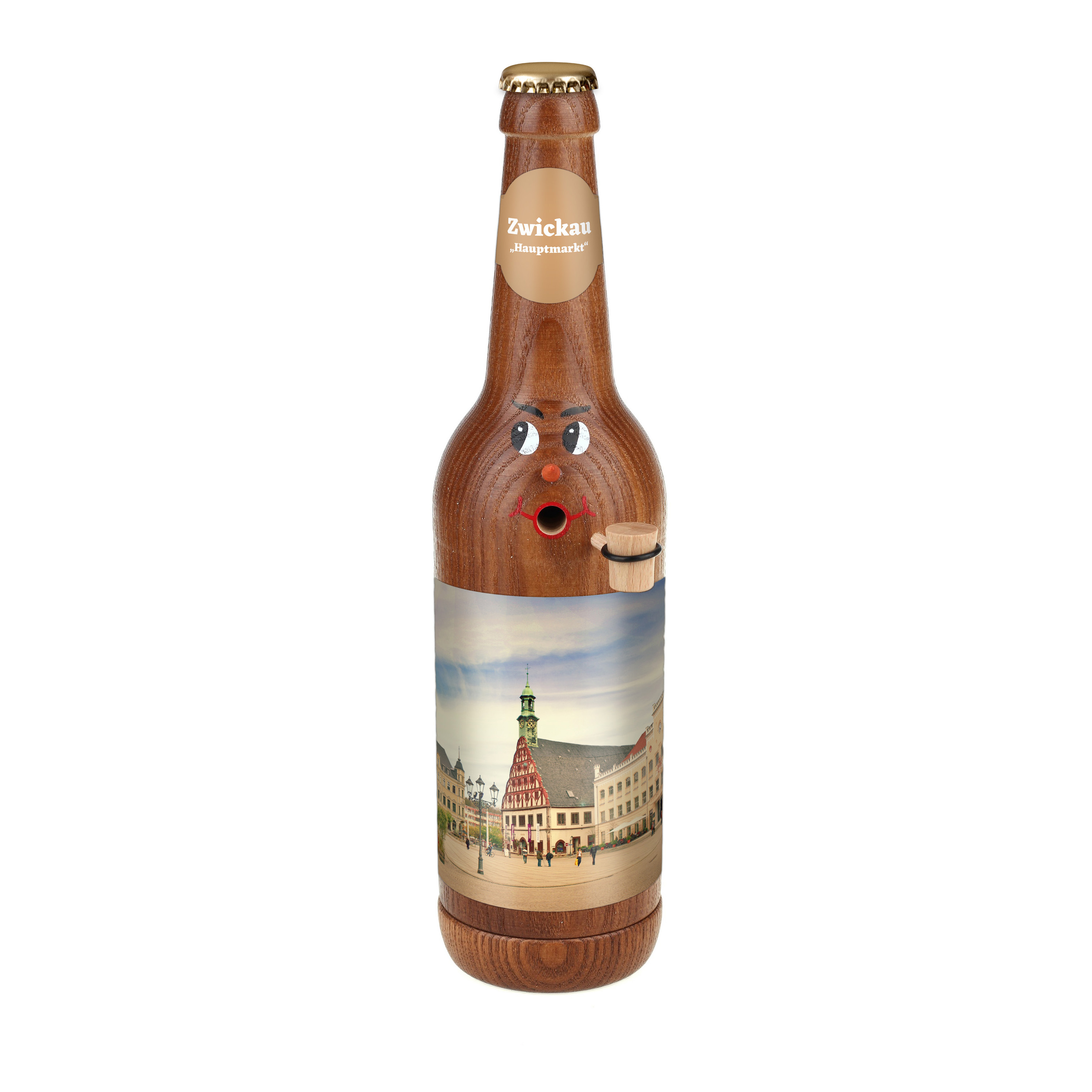 Räucherflasche Räucherfigur Rauchfigur Räuchermännchen Bier Longneck 0,5 braun - "Zwickau Hauptmarkt"