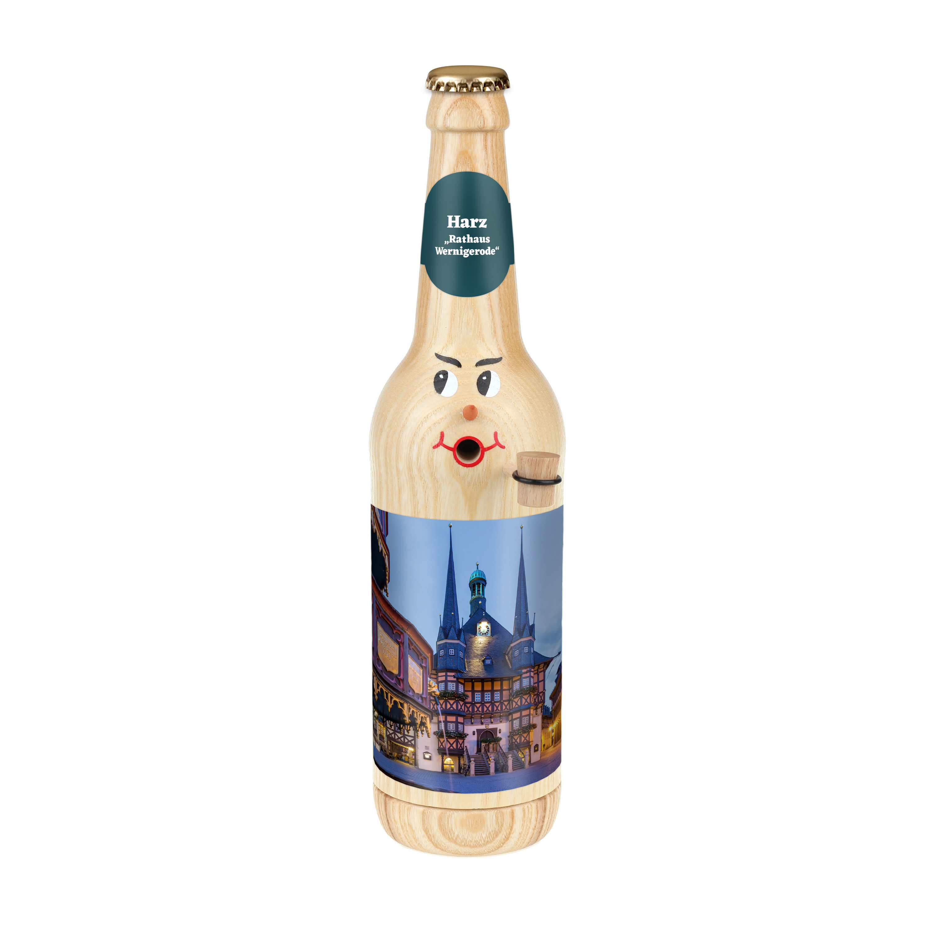 Räucherflasche Räucherfigur Rauchfigur Räuchermännchen Bier Longneck 0,5 natur - "Harz Rathaus Wernigerode" 
