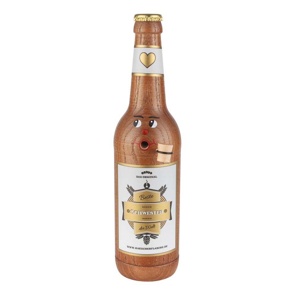 Räucherflasche Räucherfigur Rauchfigur Räuchermännchen Bier Longneck 0,5 braun - "Beste Schwester"