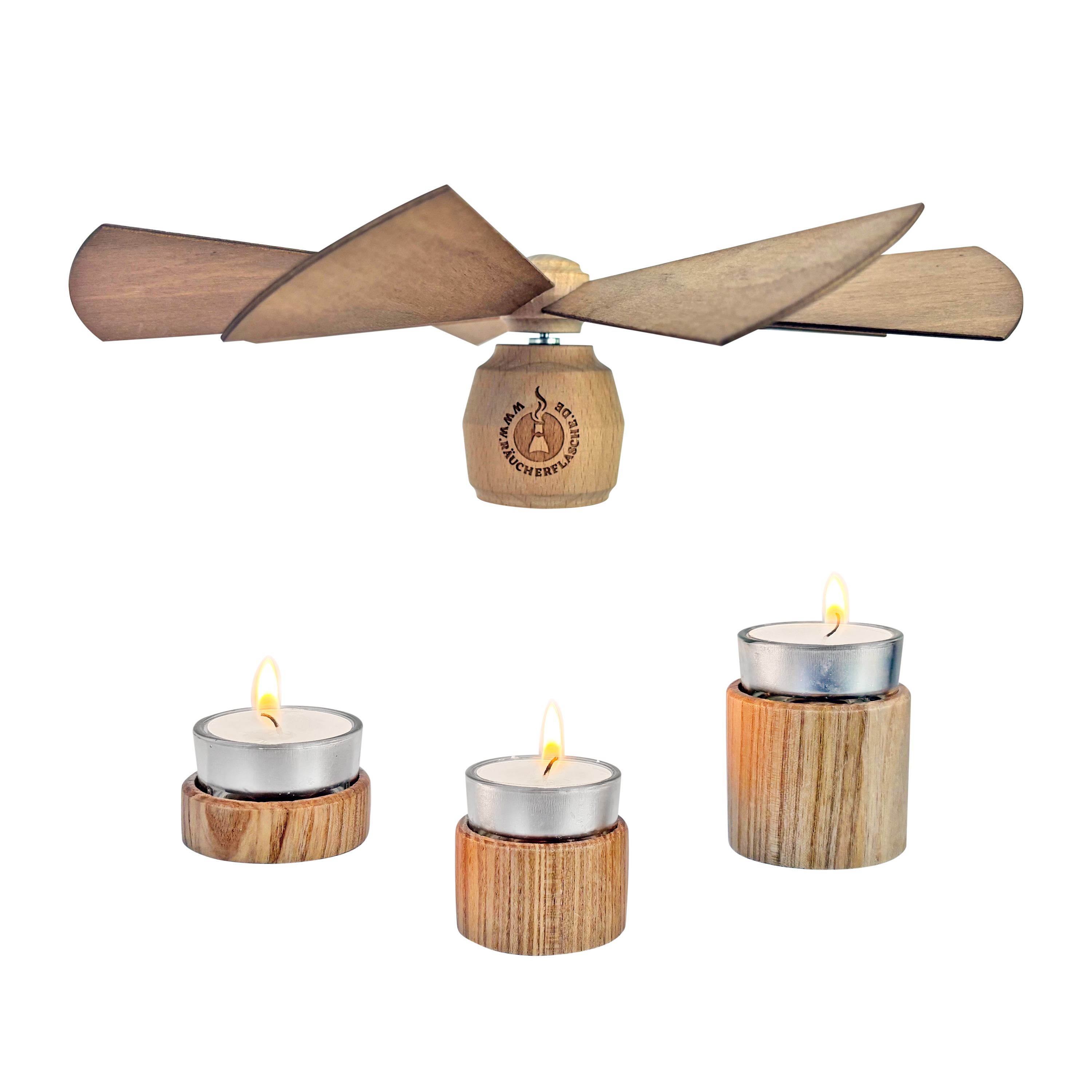 Pyramidenaufsatz für Räucherflasche - Flügelrad + 3er Set Holztüllen + 3er Set teelichtschalen Glas + 3 Teelichter