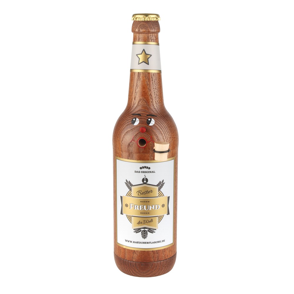 Räucherflasche Räucherfigur Rauchfigur Räuchermännchen Bier Longneck 0,5 braun - "Bester Freund"