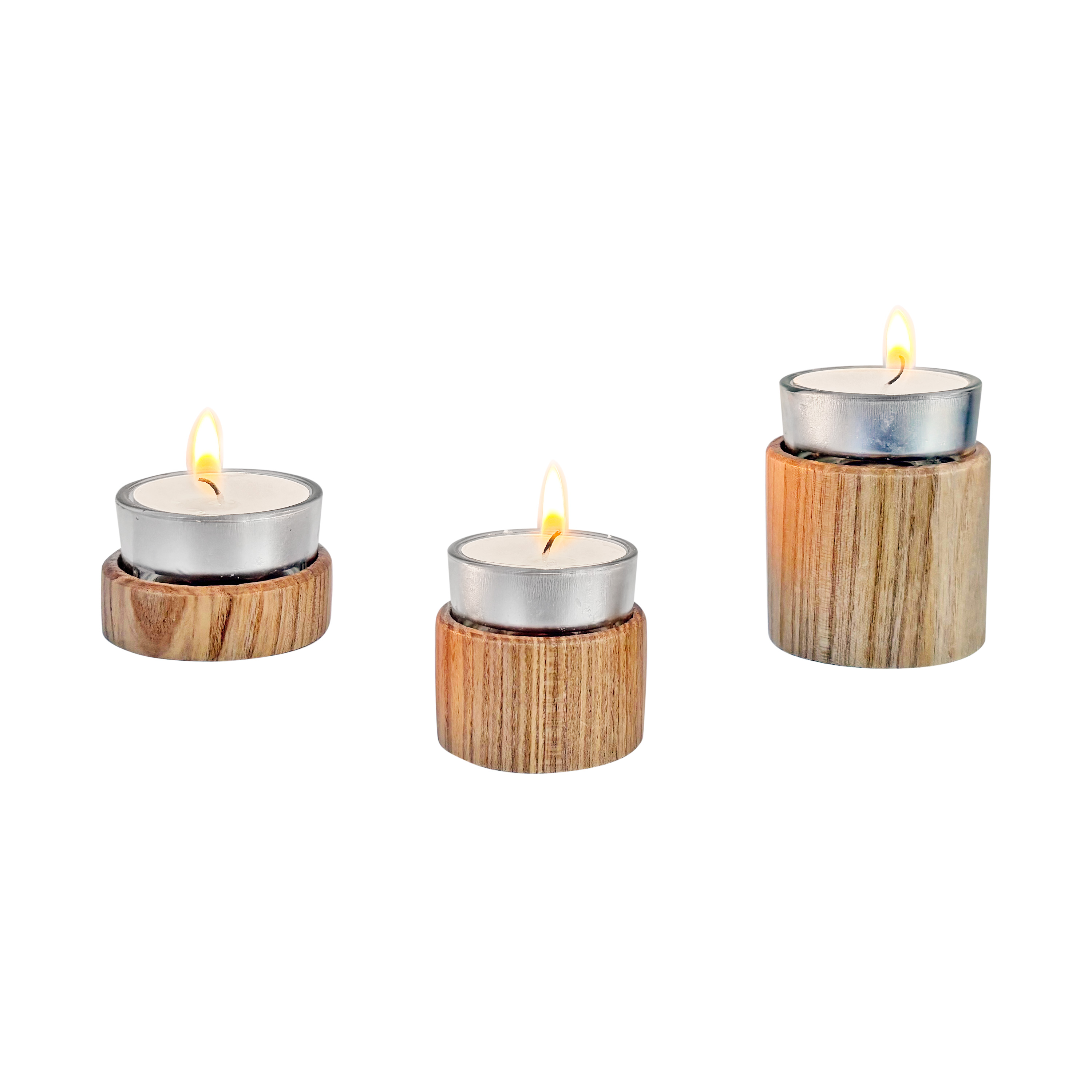 3er Set Holztüllen +3er Set  Teelichtschalen Glas + 3er Set Teelichter für Pyramidenaufsatz