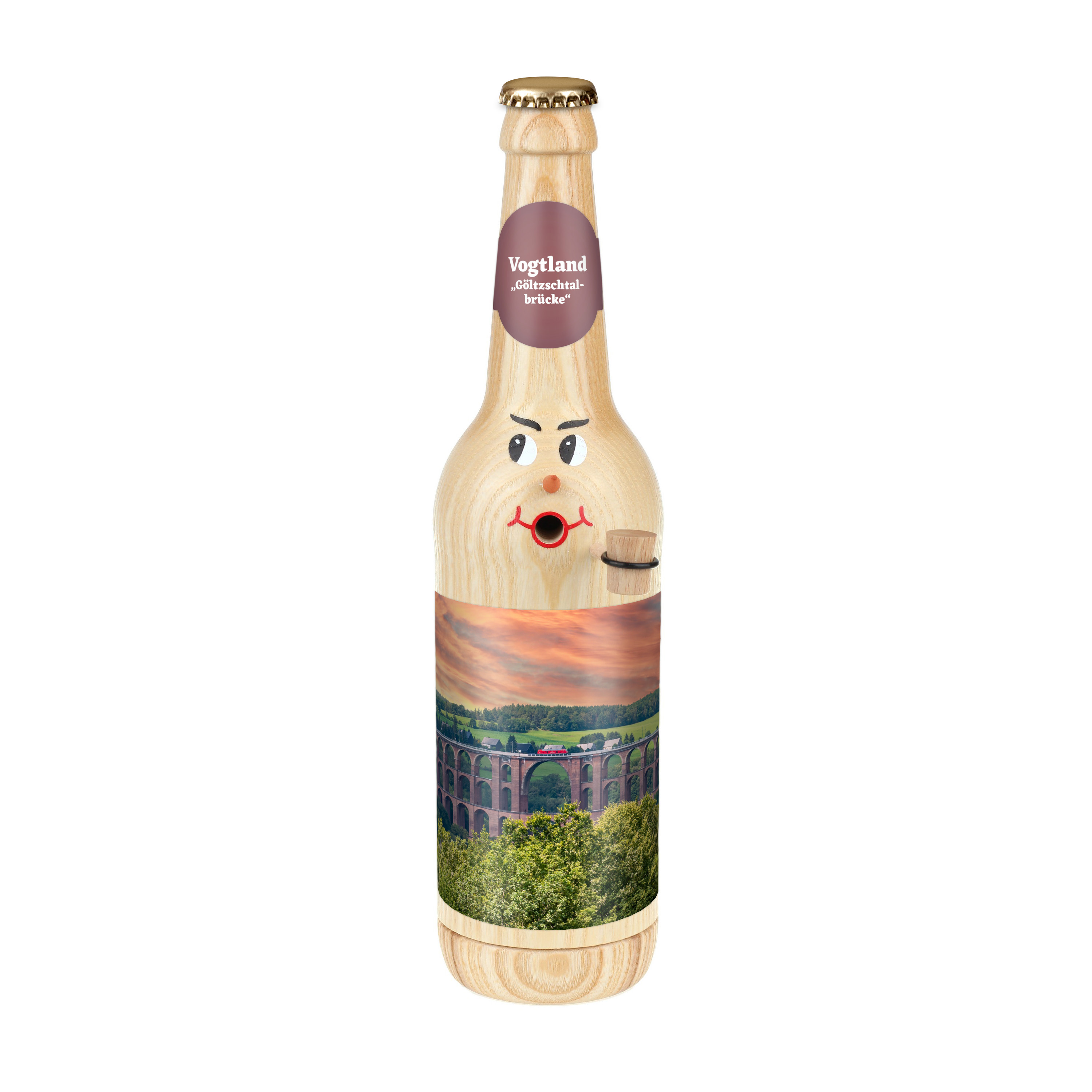 Räucherflasche Räucherfigur Rauchfigur Räuchermännchen Bier Longneck 0,5 natur - "Vogtland Göltzschtalbrücke" 