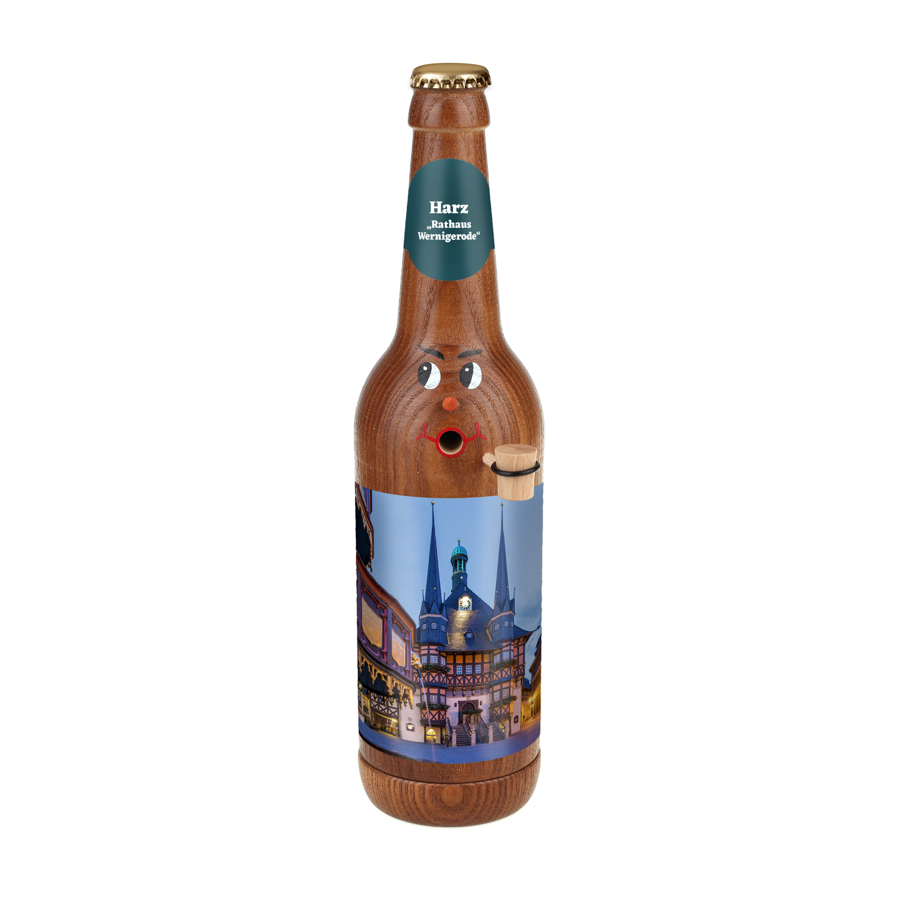 Räucherflasche Räucherfigur Rauchfigur Räuchermännchen Bier Longneck 0,5 braun - "Harz Rathaus Wernigerode" 