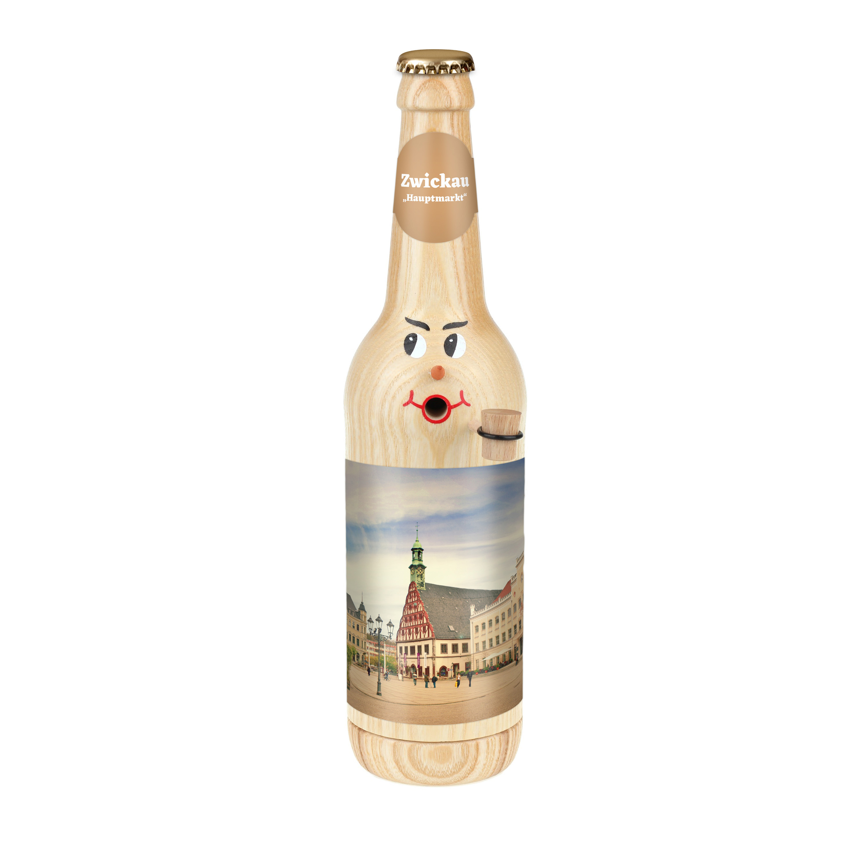 Räucherflasche Räucherfigur Rauchfigur Räuchermännchen Bier Longneck 0,5 natur - "Zwickau Hauptmarkt"