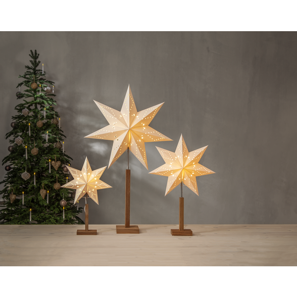 Papiersternleuchte Weihnachtsstern Stern Leuchte mit Holzfuß / Ständer - Größe: 43 x 70 cm natur (in verschiedenen Größen) | 43 x 70 cm, natur
