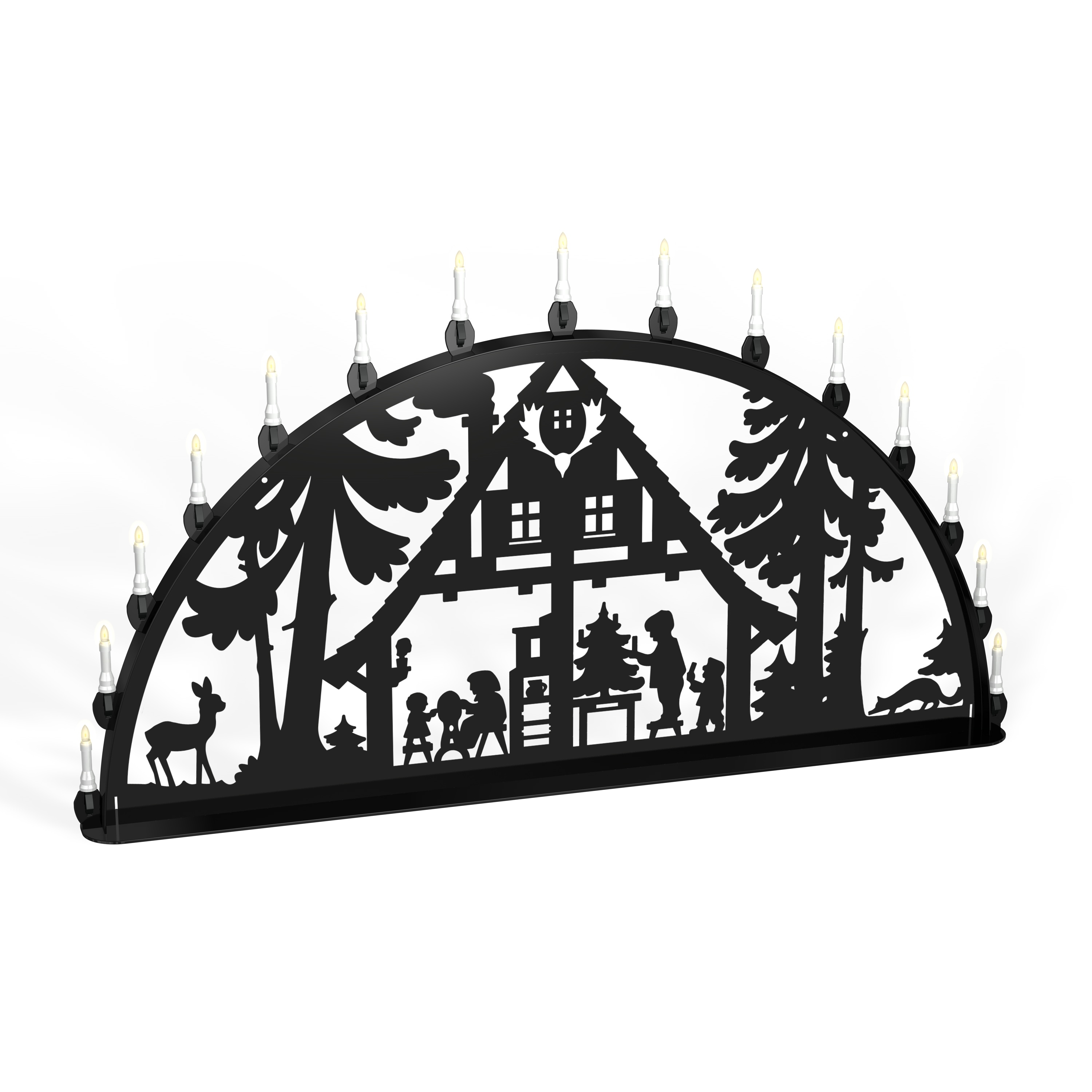 Außenschwibbogen Schwibbogen Lichterbogen Metall - Motiv: Waldhaus 1 m tiefschwarz (RAL 9005) glänzend Außenschwibbogen Schwibbogen Lichterbogen Metall - Motiv: Waldhaus 1 m tiefschwarz (RAL 9005) glänzend