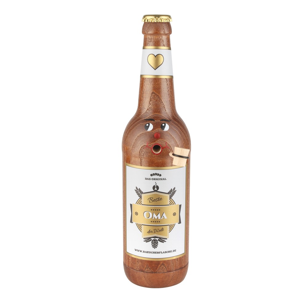 Räucherflasche Räucherfigur Rauchfigur Räuchermännchen Bier Longneck 0,5 braun - "Beste Oma"