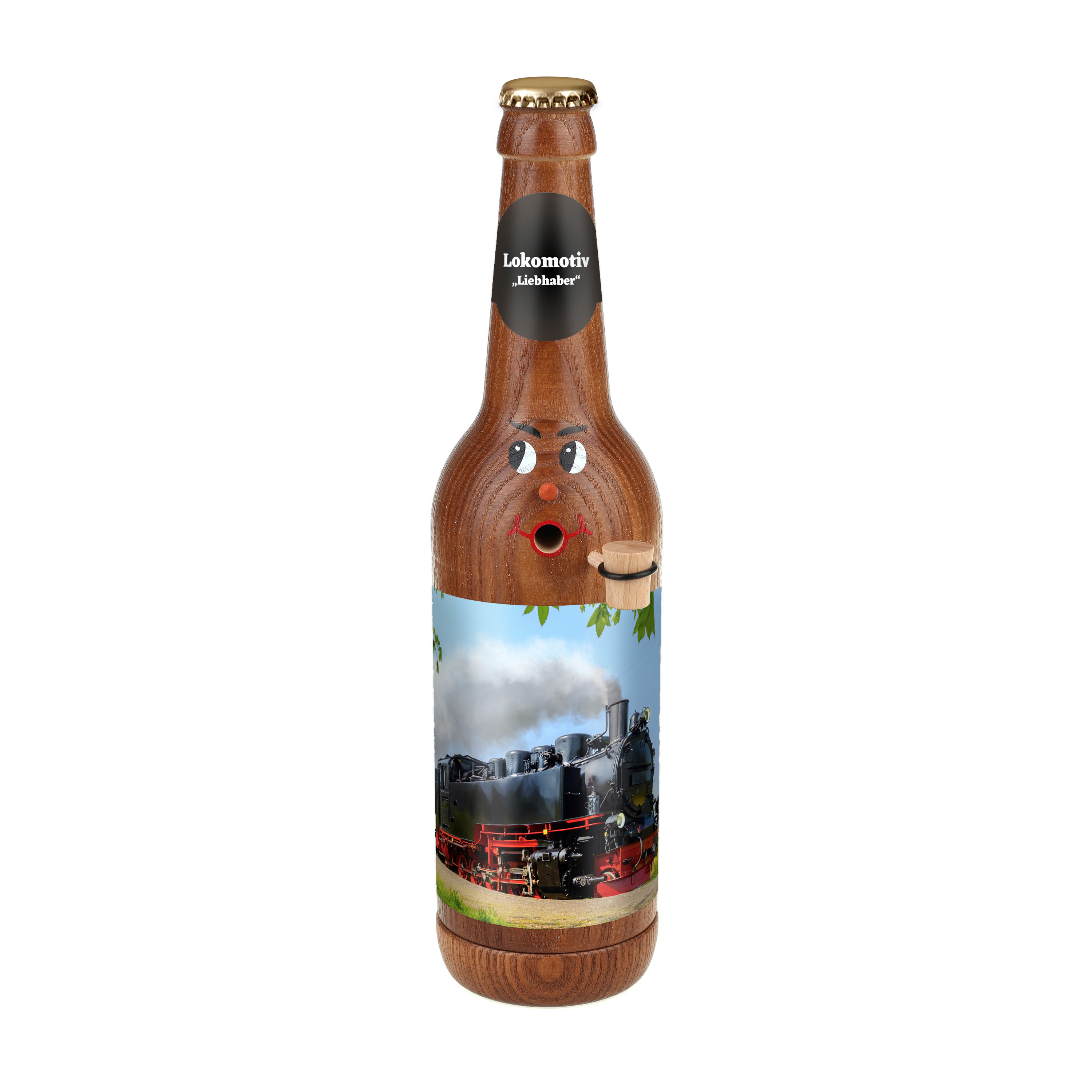 Räucherflasche Räucherfigur Rauchfigur Räuchermännchen Bier Longneck 0,5 braun - "Lokomotive Liebhaber" 
