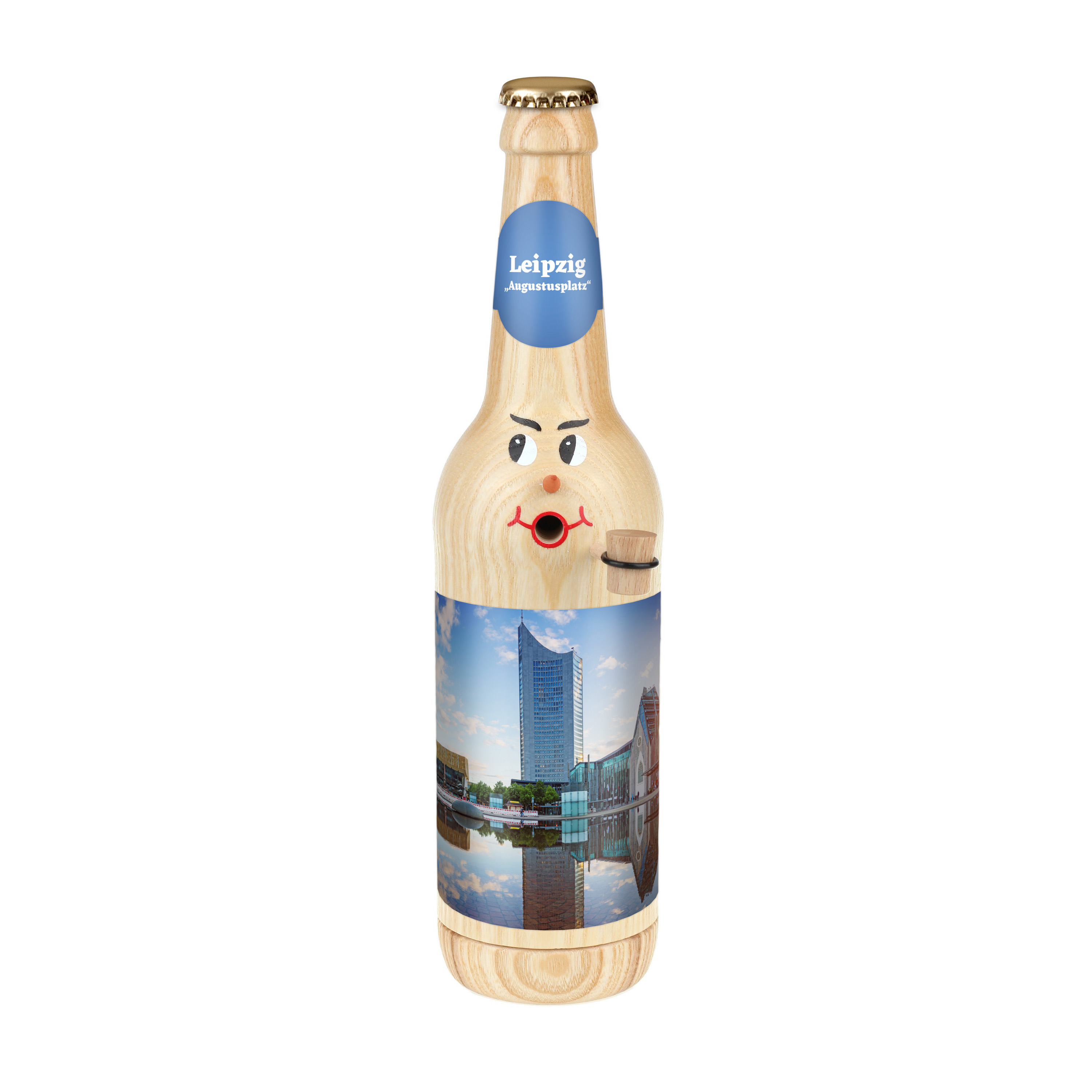 Räucherflasche Räucherfigur Rauchfigur Räuchermännchen Bier Longneck 0,5 natur - "Leipzig Augustusplatz" 