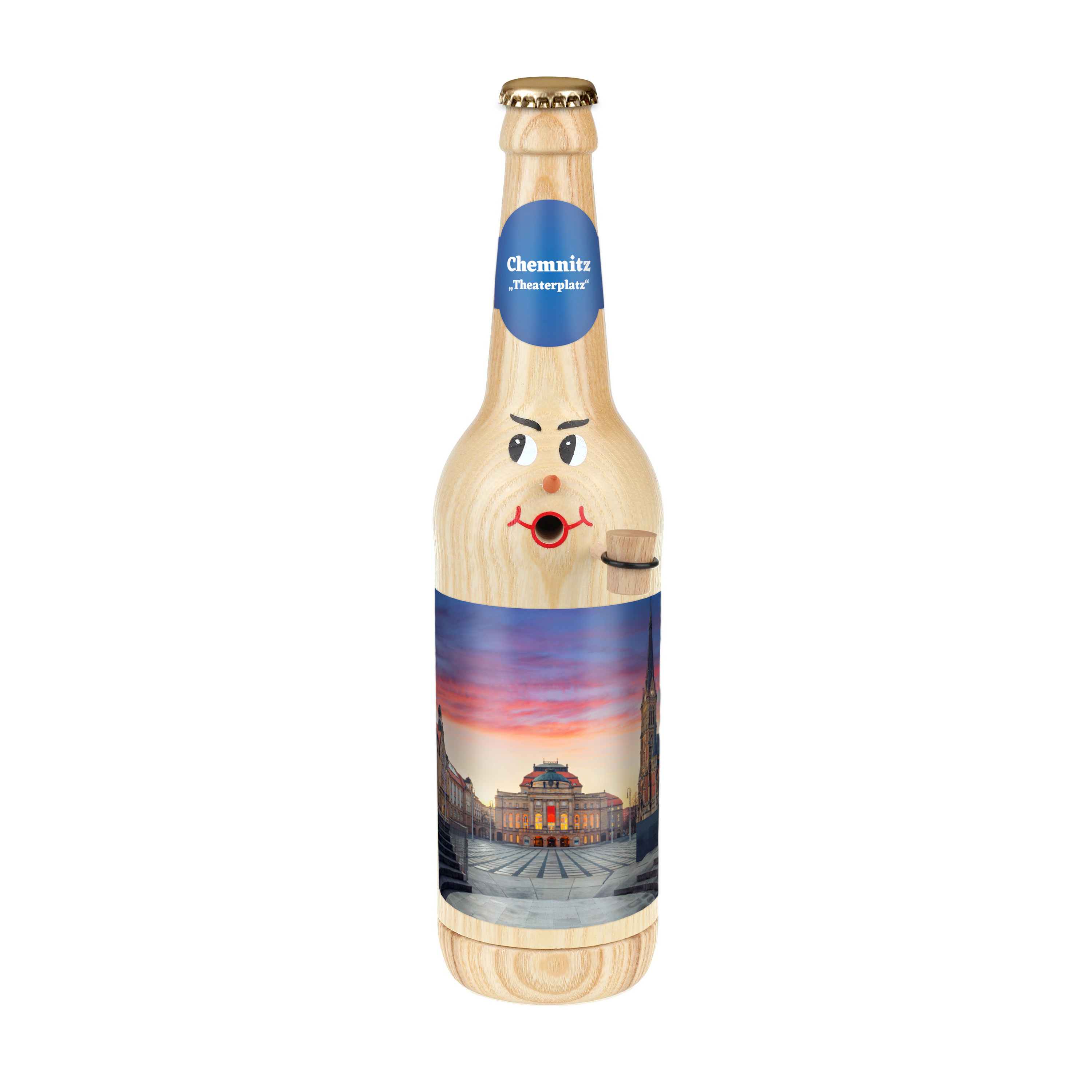 Räucherflasche Räucherfigur Rauchfigur Räuchermännchen Bier Longneck 0,5 natur - "Chemnitz Theaterplatz" 