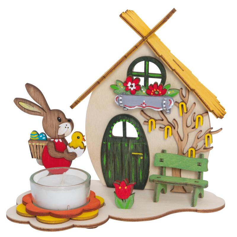 Bastelset aus Holz für Kinder "Teelichthalter Osterhaus" Ostern