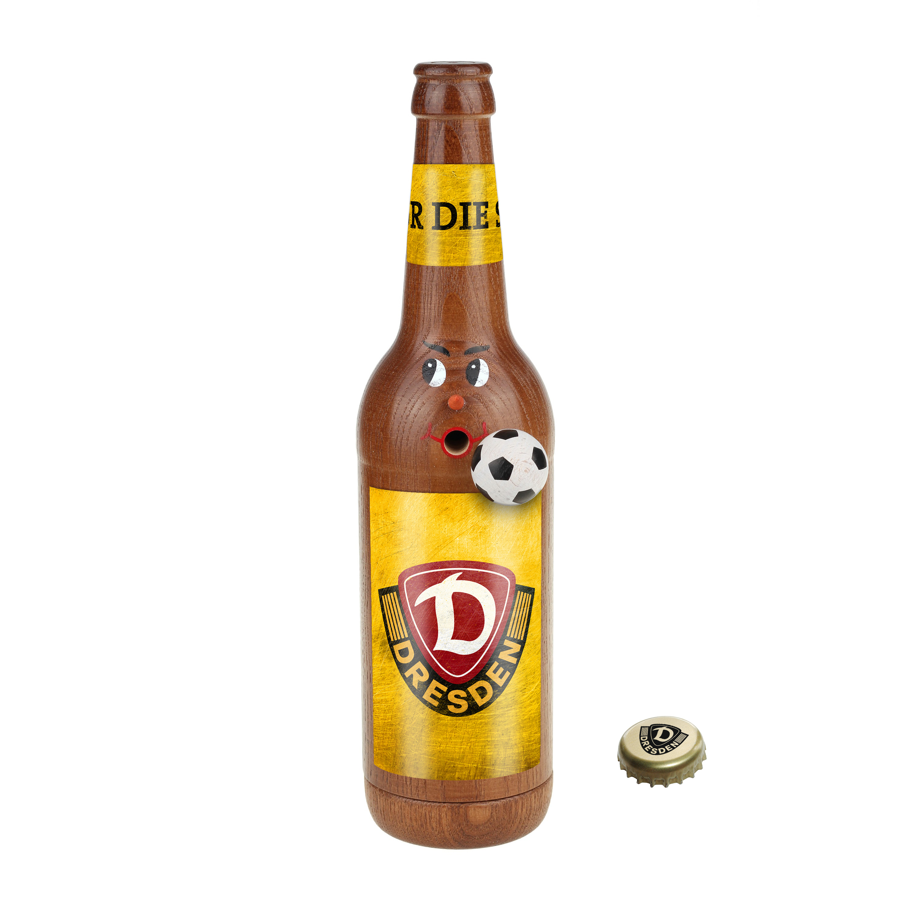 Räucherflasche Räucherfigur Rauchfigur Räuchermännchen Bier 0,5 "Dynamo Dresden" gelb