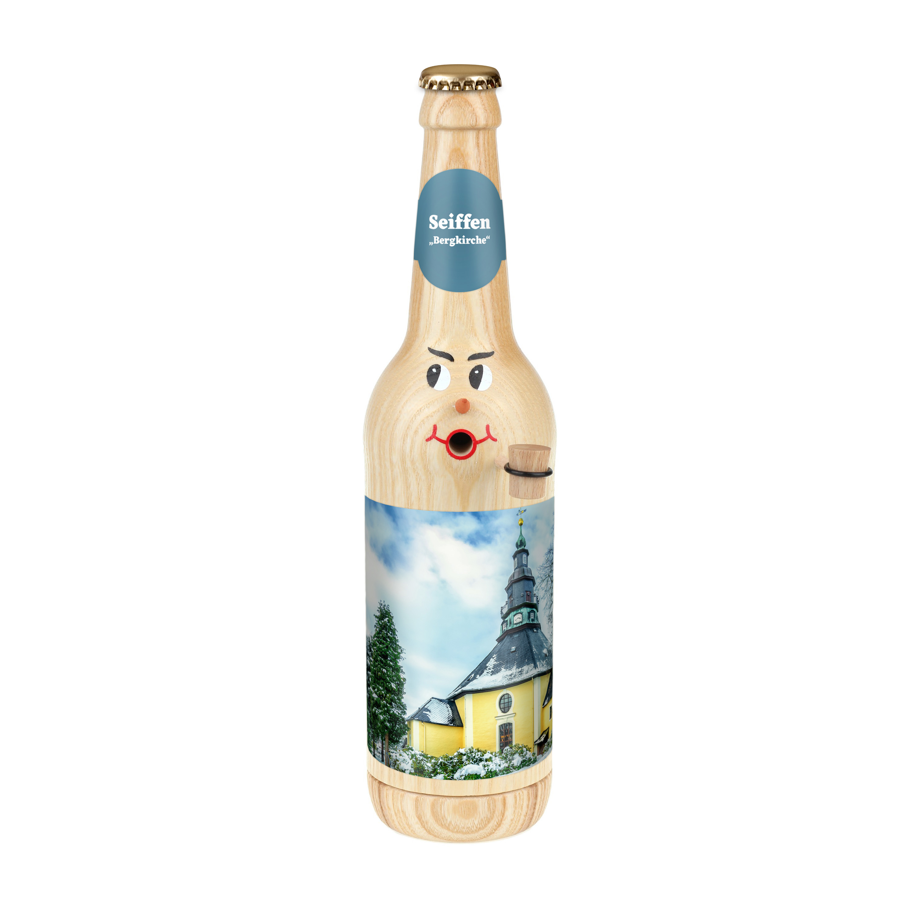 Räucherflasche Räucherfigur Rauchfigur Räuchermännchen Bier Longneck 0,5 natur - "Seiffen Bergkirche" 