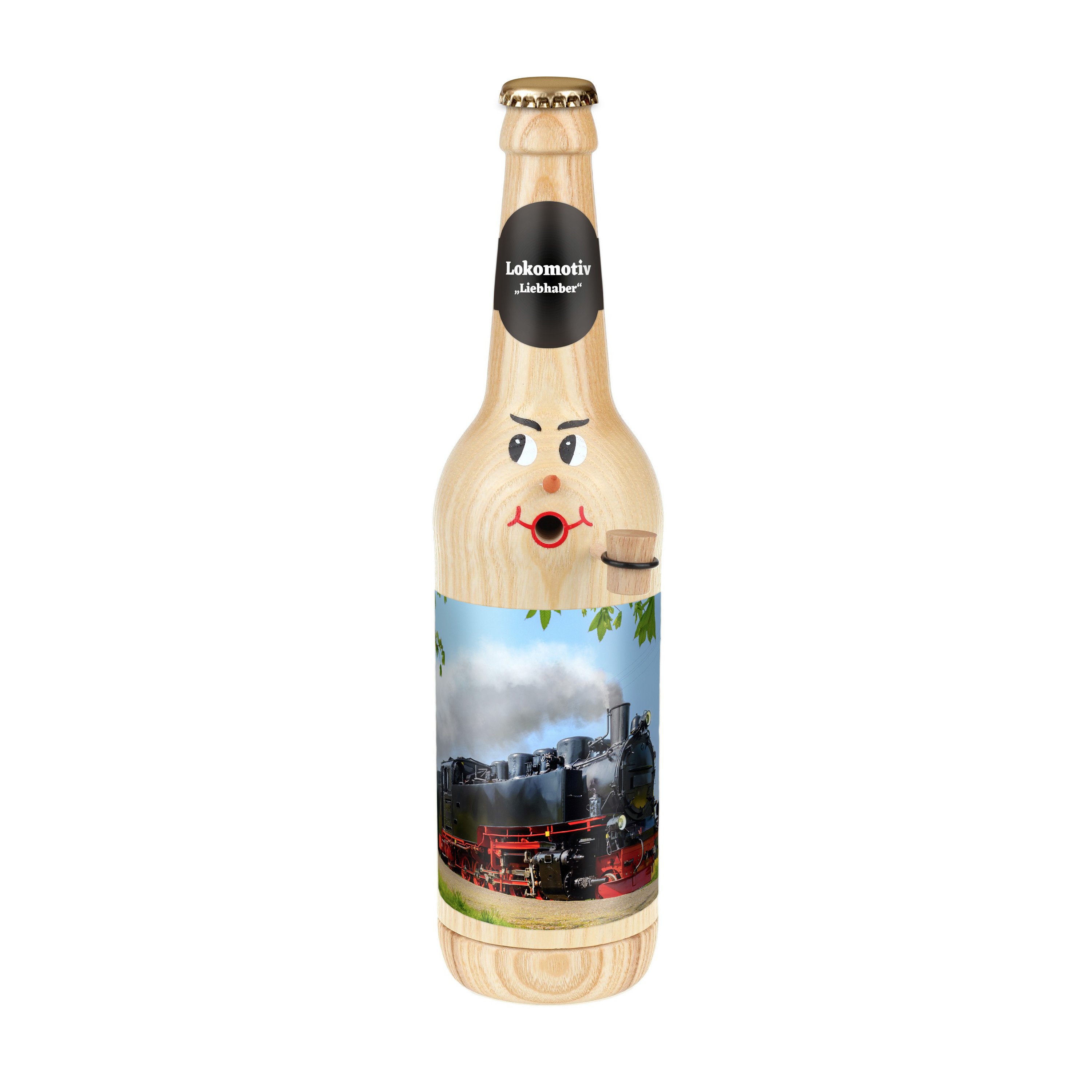Räucherflasche Räucherfigur Rauchfigur Räuchermännchen Bier Longneck 0,5 natur - "Lokomotive Liebhaber" 